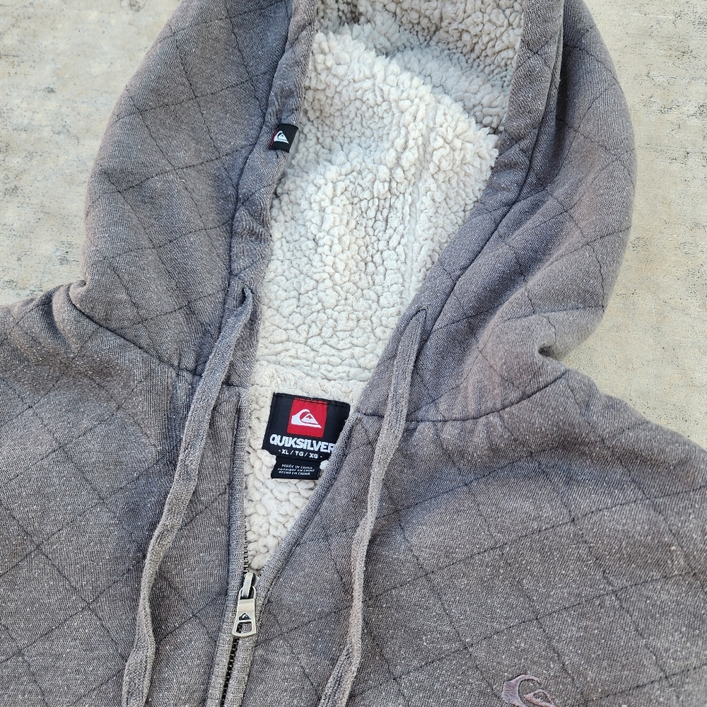 Y2K Quicksilver Gray Quilted Men's Zip Up Hoodie Sherpa Lined Jacket, Sz XL - Picture 4 of 9